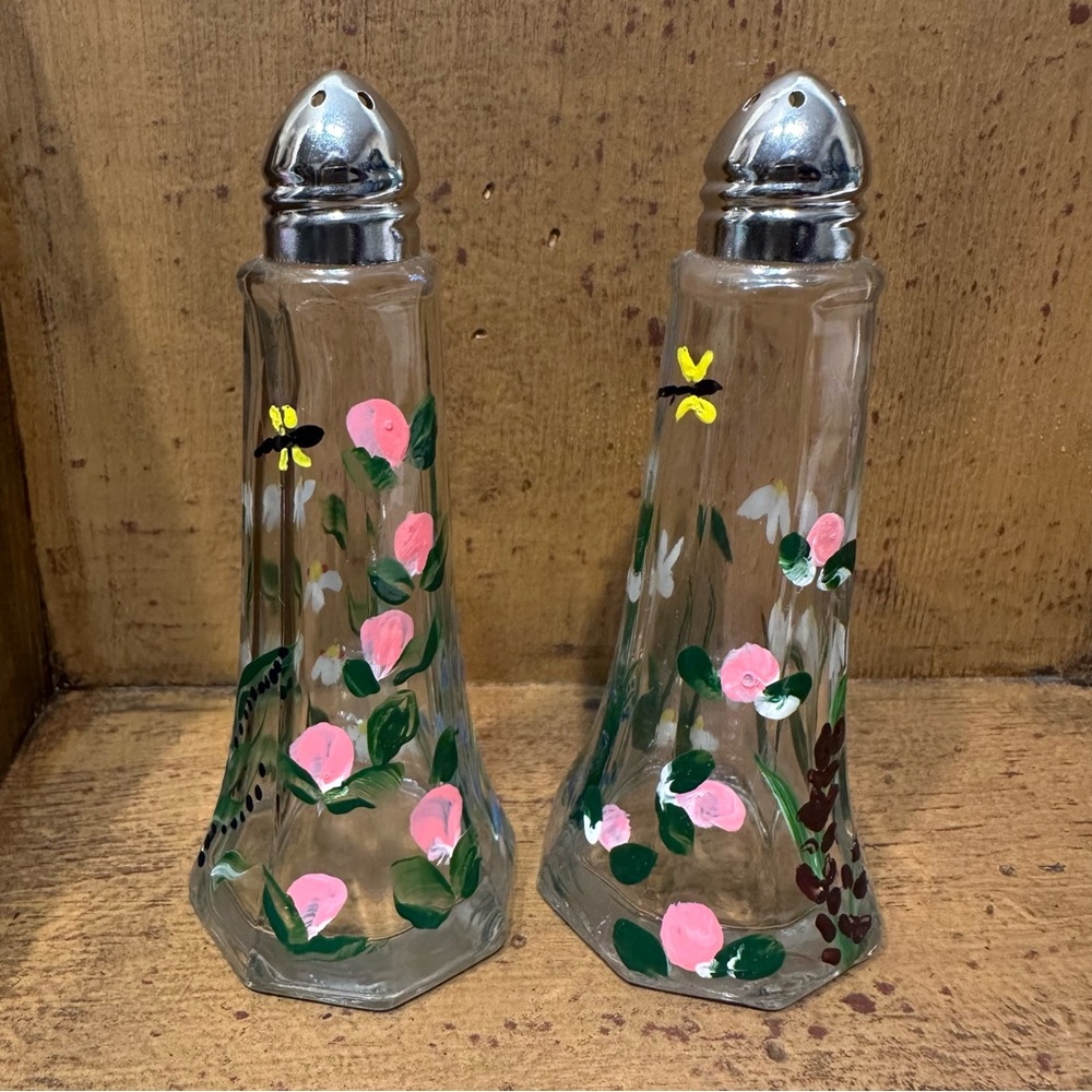 Hand Painted Floral Glass Salt and Pepper Shakers